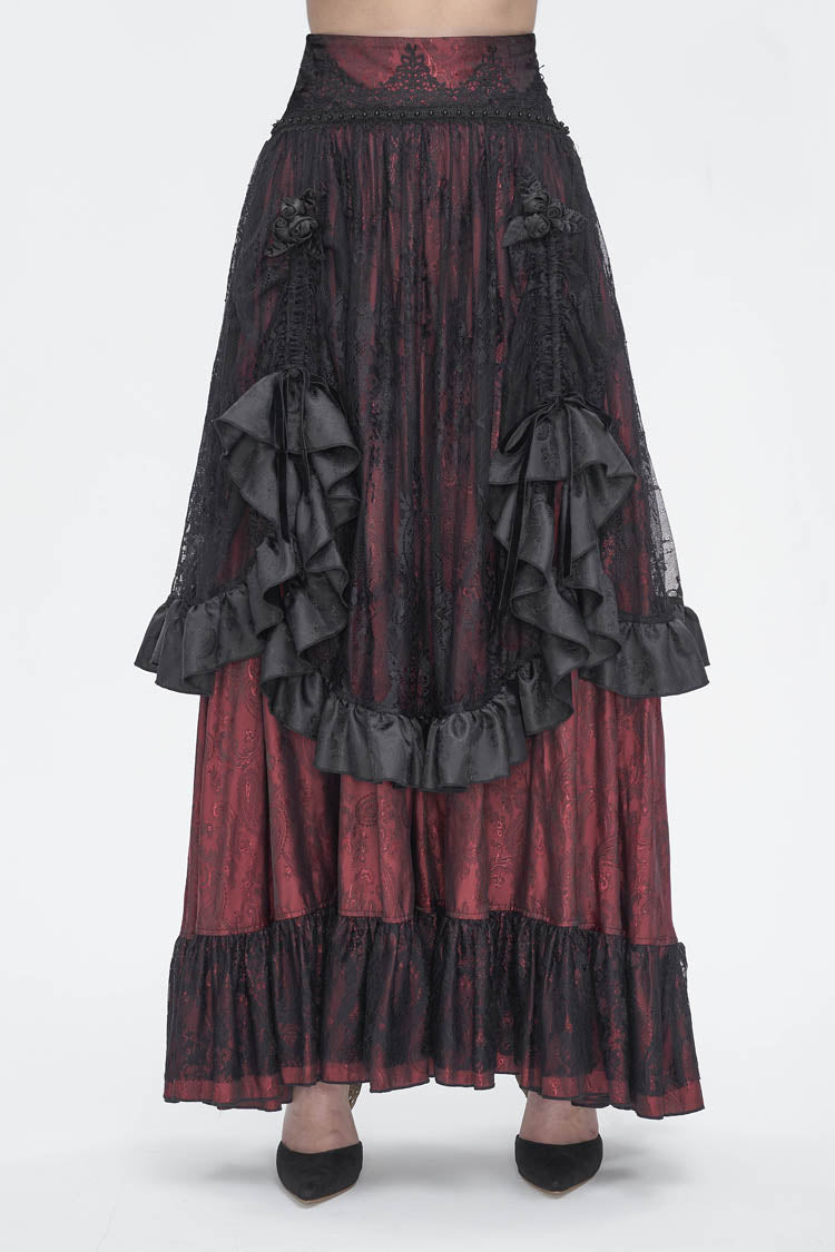 Black/Red Ruffle Lace Drawstring Women's Gothic Skirt