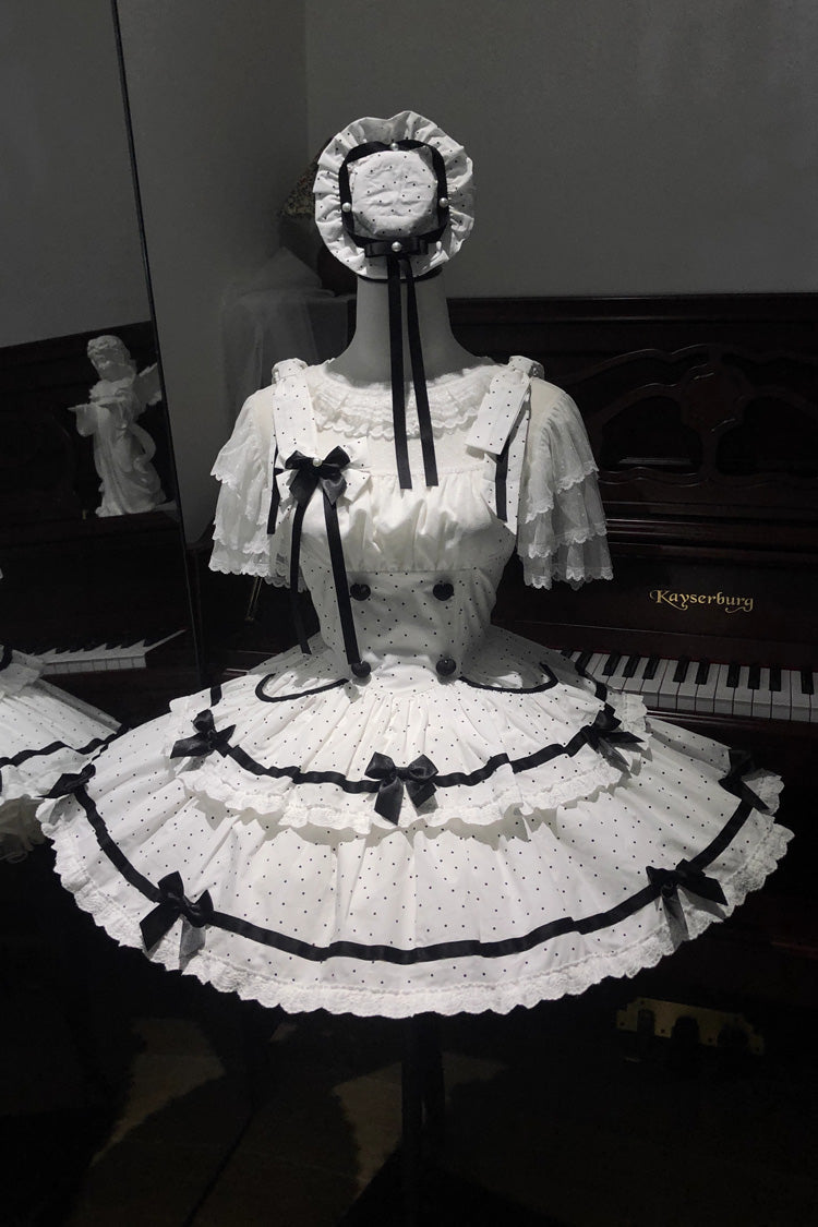 White Pure Cotton Sleeveless Double-Layered Polka Dot Print Ruffle Bowknot Daily Sweet Lolita Jsk Dress