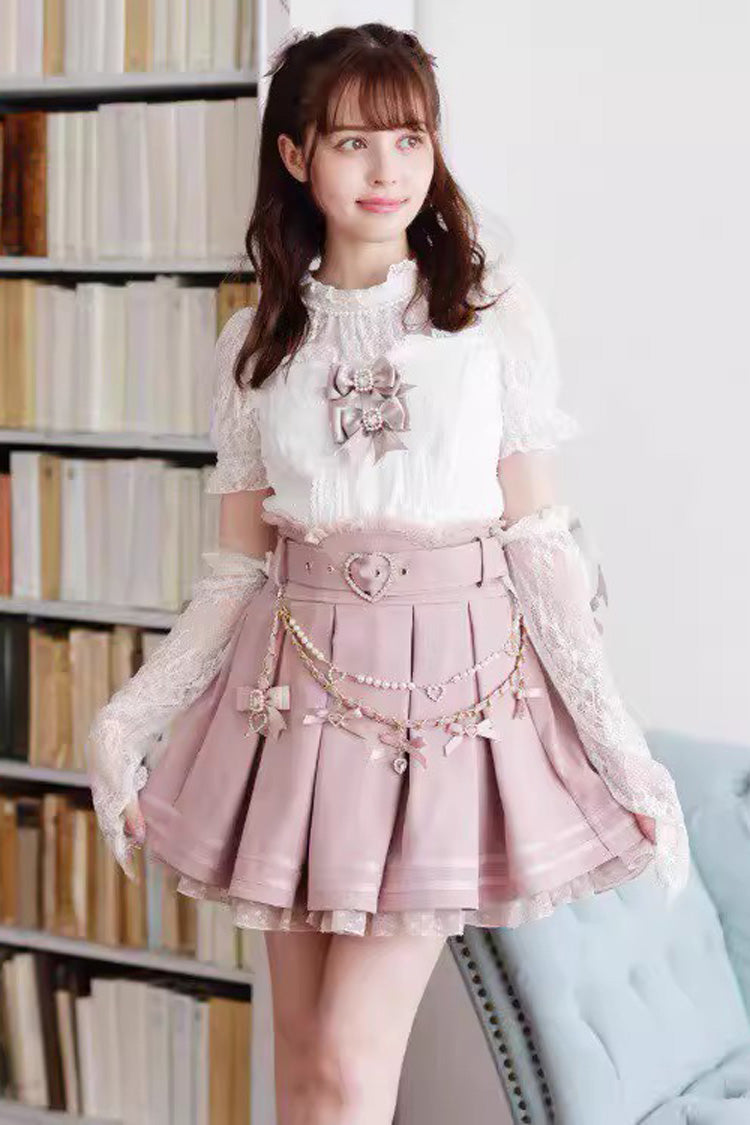 Sweet Heart Belt Printed Ruffled Bow Pearl-Decorated Chain-Decorated Plus Size Pleated Jirai Kei Skirt