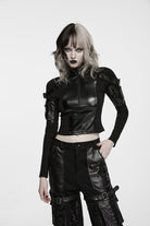 Black Stand Collar Long Sleeves Patchwork Slim Fit Zippered Women's Punk Cool Crop Top with Arm Zip Pocket