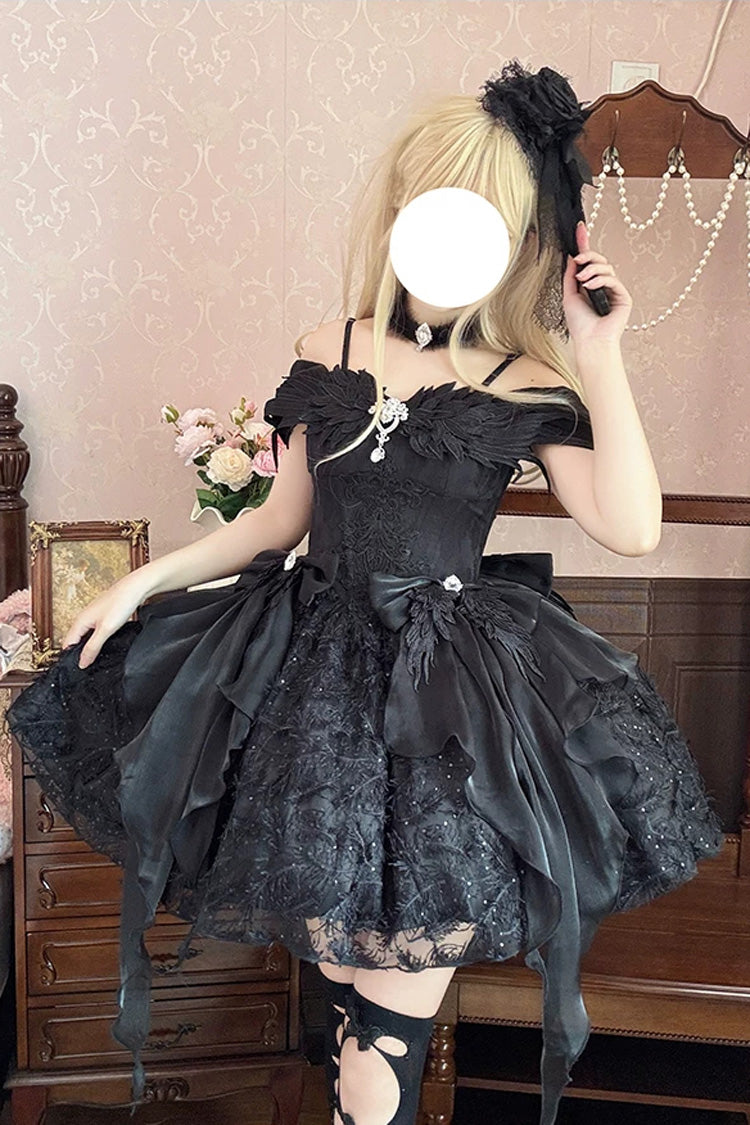Black [Feathers Floating In The Air] Square Collar Flutter Sleeves Embroidered Bow Lace Gothic Lolita Jsk Dress