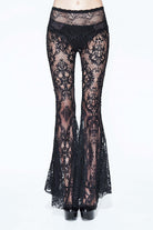 Black Sexy Transparent Lace Bellbottoms With Bead Chain Womens Pants