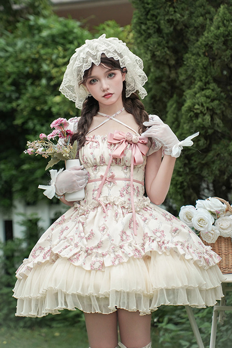 Ivory [Rose After The Rain] Short Sleeves Triple-Layered Print Ruffle Bowknot Lace-Up Sweet Lolita Short Dress