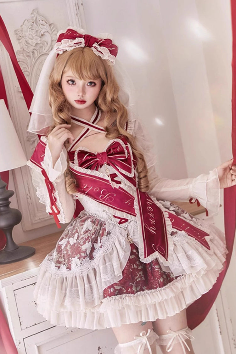 Red [Lilibet] Print Ruffle Cardigan Bowknot Lace Fishbone Sweet Lolita Dress