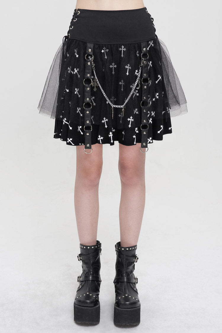 Black/White Knitted Fabric Cross Print Side Waist Straps Detachable Metal Chain Women's Punk Skirt