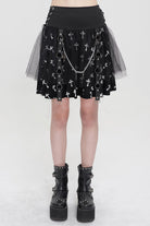 Black/White Knitted Fabric Cross Print Side Waist Straps Detachable Metal Chain Women's Punk Skirt