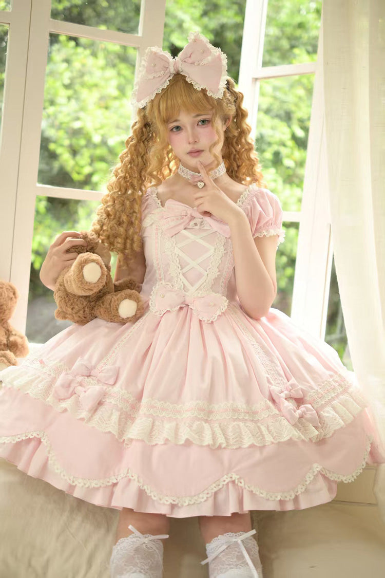 Pink [Petal Bunny] Cotton Square Collar Short Sleeves Double-Layered Ruffled Bow Lace Lace-Up Sweet Lolita Dress