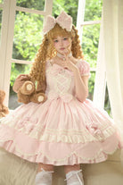 Pink [Petal Bunny] Cotton Square Collar Short Sleeves Double-Layered Ruffled Bow Lace Lace-Up Sweet Lolita Dress