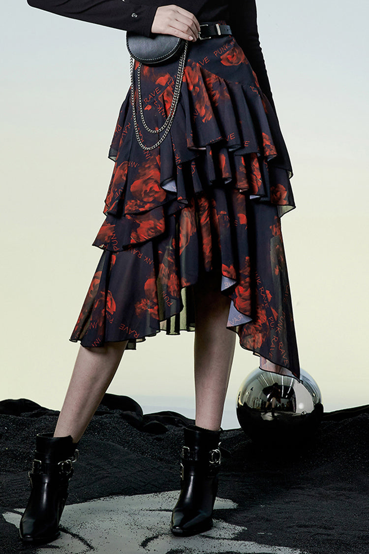 Black/Red Layered Irregular Skirt Pattern Printing Decoration High Waist Chiffon Women's Punk Skirt