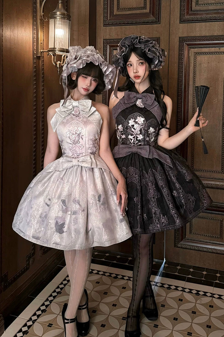 [Stained Glass Dream] Halterneck Sleeveless Printed Embroidered Bow Gothic Lolita Dress 2 Colors (Black/Purple, White/Purple)
