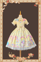 Yellow [Macarons Dolly House] Square Collar Short Lantern Sleeves Printed Bow Sweet Lolita Dress