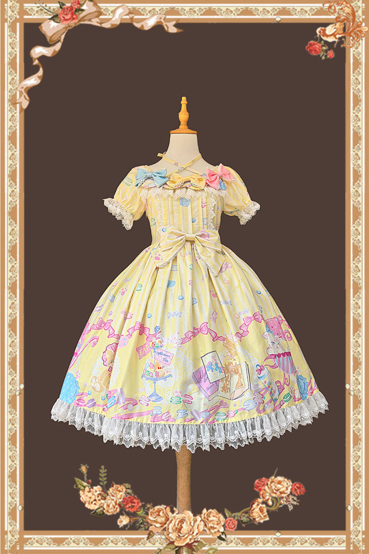 Yellow [Macarons Dolly House] Square Collar Short Lantern Sleeves Printed Bow Sweet Lolita Dress