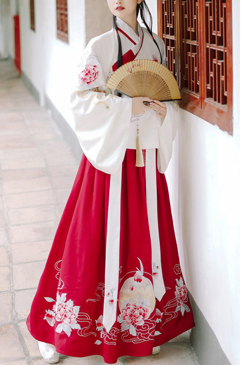 Red/White Chinese Style Ming Dynasty Ancient Costume Cross Collar Handmade Embroidery Sweet Hanfu Dress Two Piece