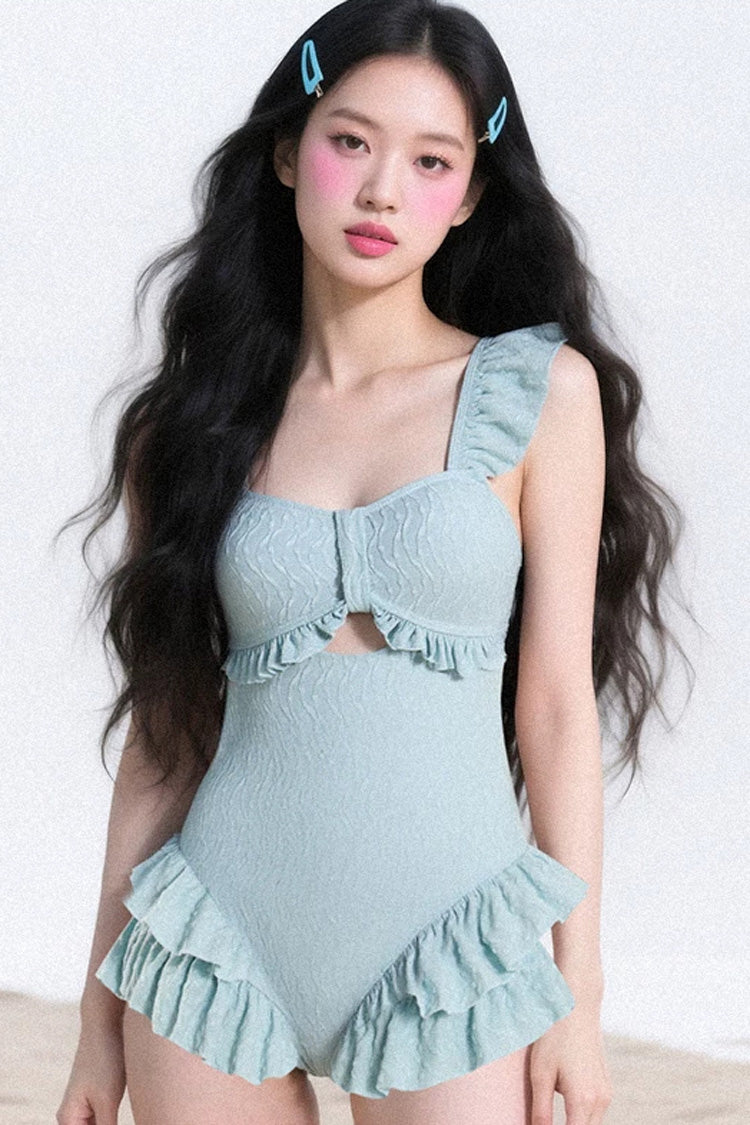 Blue Square Collar Sleeveless Ruffled Sweet Lolita One-Piece Swimsuit