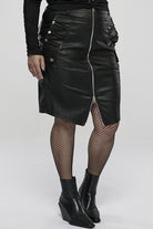 Black Slim Faux-Leather Elasticity Knitted Fabric Pocket Decoration Metal Zipper Sexy Short Women's Plus Size Punk Dress