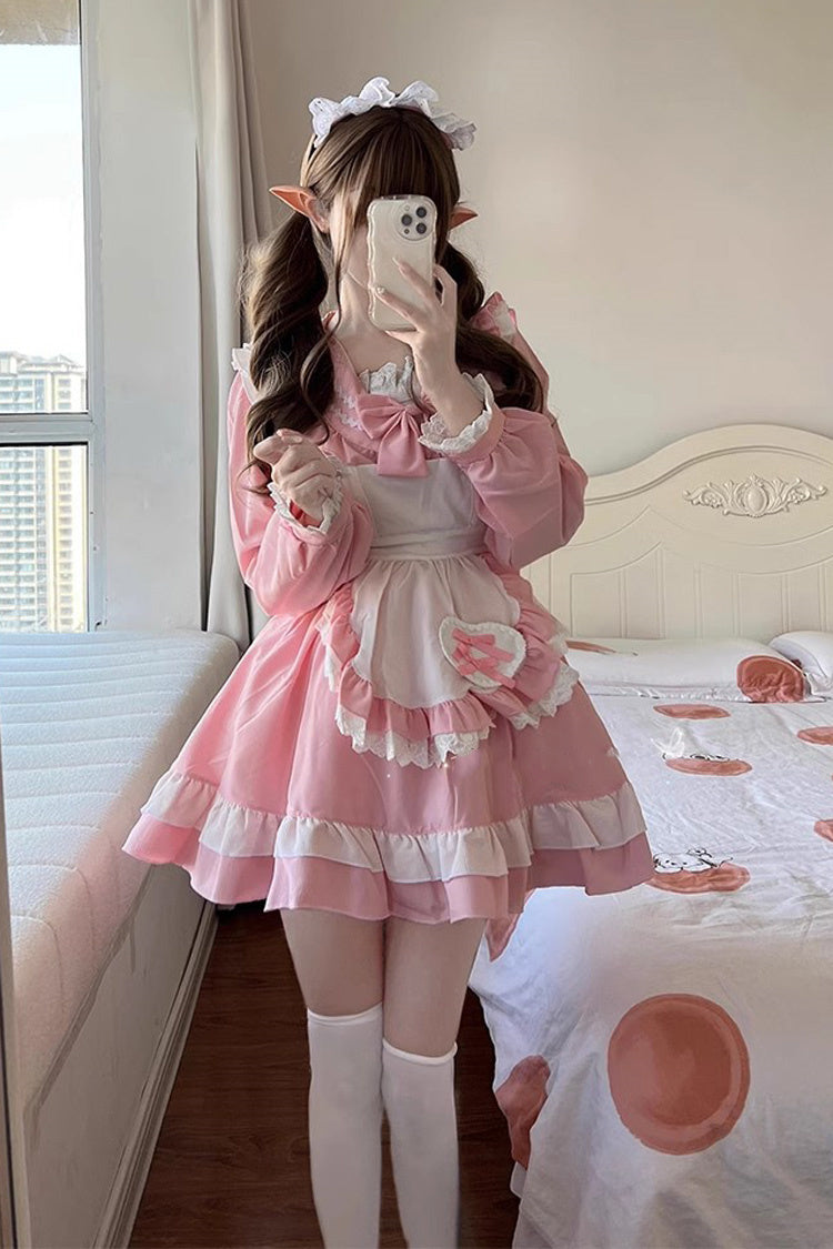 Pink Maid Long Sleeves Ruffle Bowknot Sailor Sweet Plus Size Lolita Dress Full Set