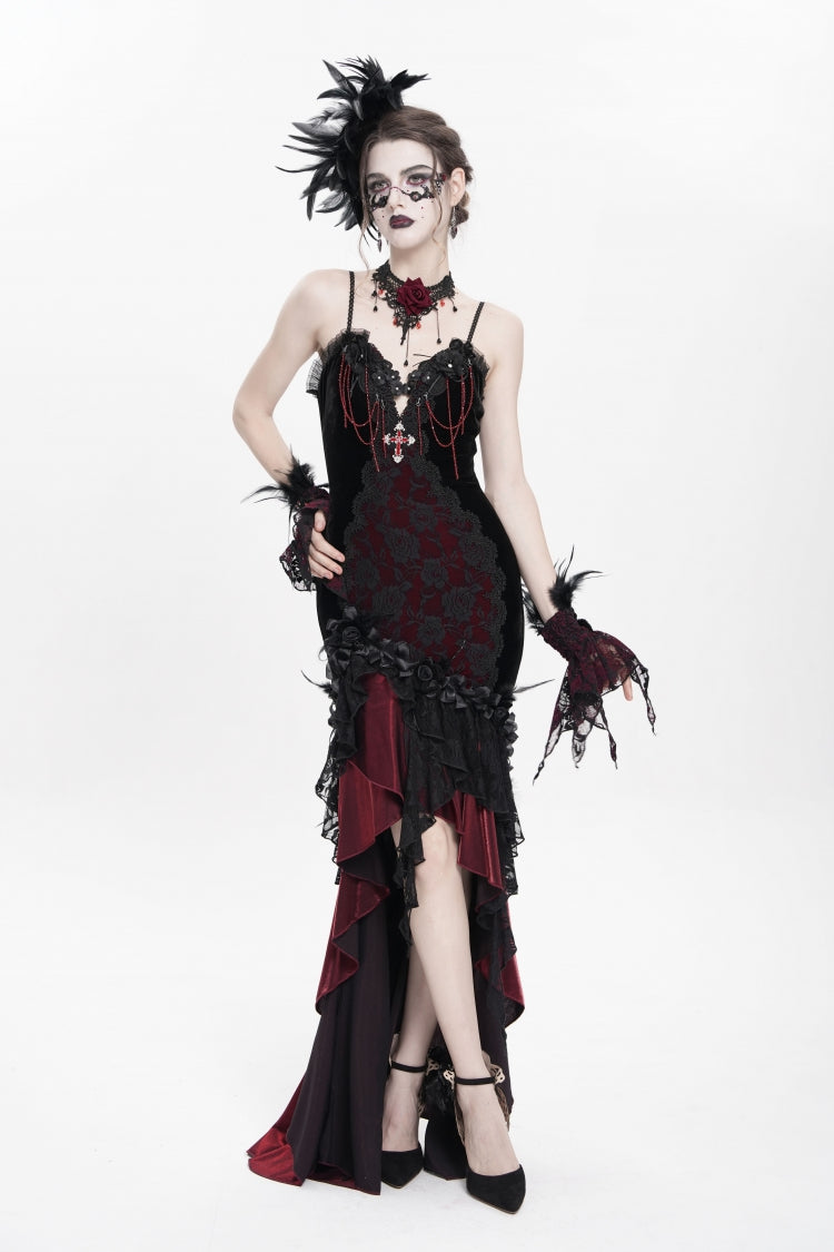 Black/Red Sleeveless Cross Ruffled Floral Embroidered Chain-Decorated Women's Gothic Long Slip Dress