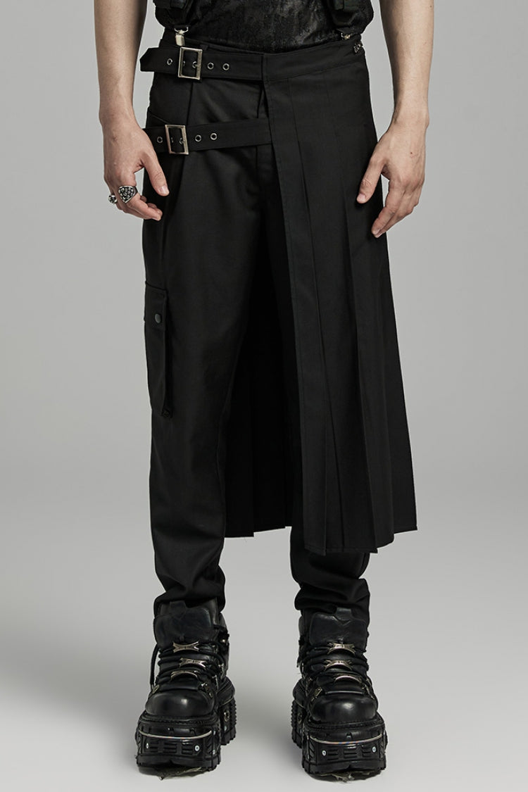 Black Asymmetric Buckle Men's Punk Pleated Skirt