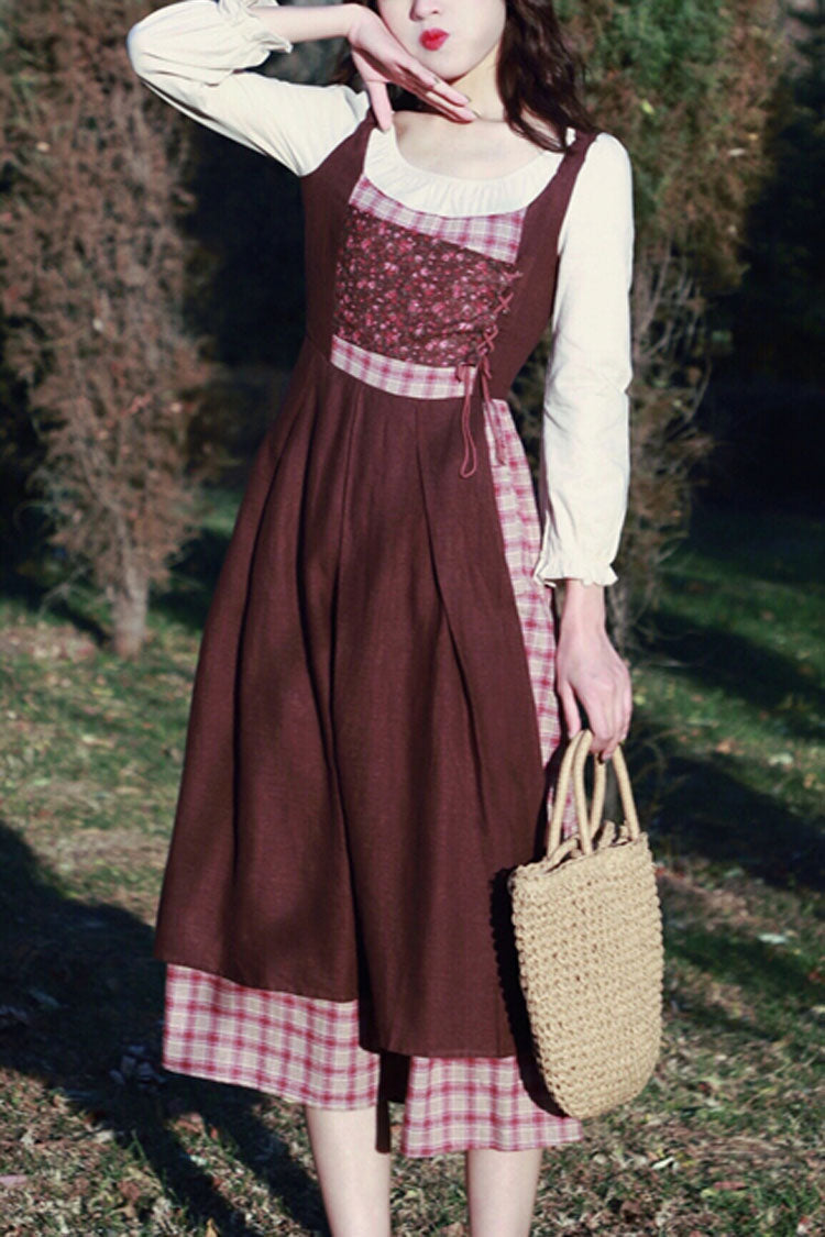 Brown French Retro Pastoral Style Long Sleeves Stitching Plaid Crinkle Sweet Lolita OP Dress (Headkerchief is included)