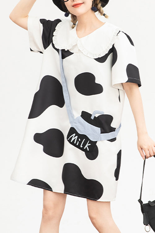 Black/White Doll Collar Short Sleeves Milk Cow Print Sweet Lolita Dress