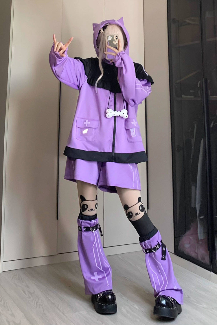 Purple Long Sleeves Cat Ears Hooded Jirai Kei Japanese Shorts Coat Set