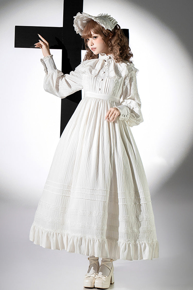 White [Quiet Place] Long Sleeves Jacquard Ruffle Embroidery Bowknot Gothic Lolita Dress