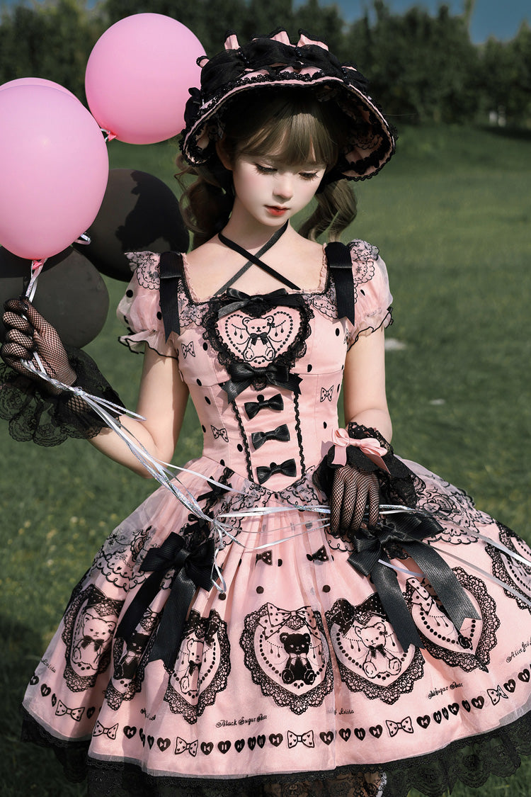 Pink [Sugar Bear] Square Collar Short Sleeves Embroidered Bow Sweet Lolita Dress (Bow Train Included)