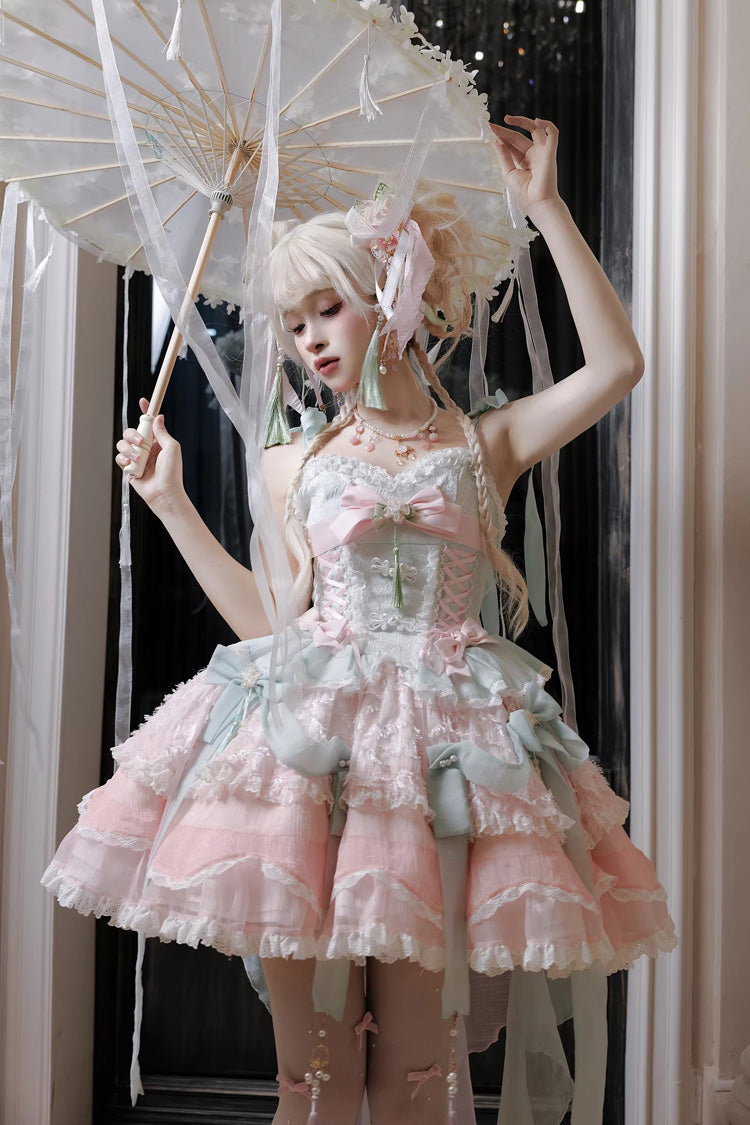 Pink/Green [Summer Lotus Breeze] Sleeveless Double-Layered Ruffled Bow Lace-Up Sweet Chinese Style Ballet Lolita Jsk Dress