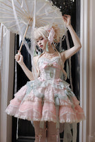 Pink/Green [Summer Lotus Breeze] Sleeveless Double-Layered Ruffled Bow Lace-Up Sweet Chinese Style Ballet Lolita Jsk Dress
