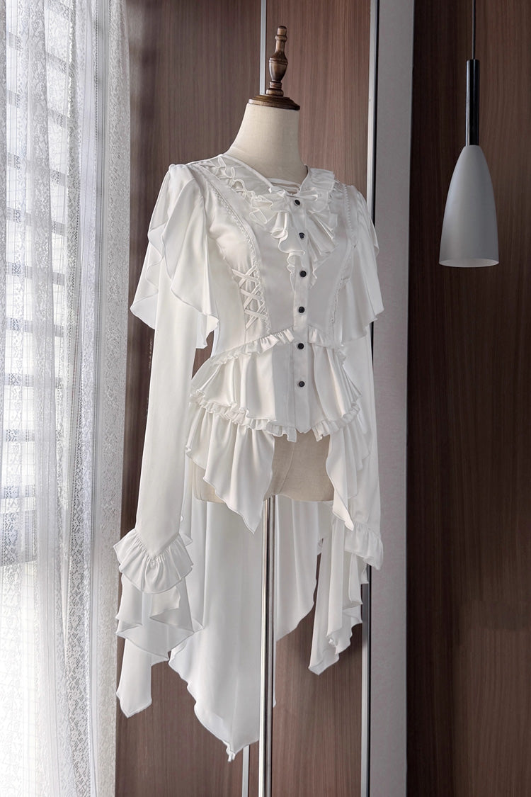 [Echoes of the Deep Sea] Long Hime Sleeves Ruffled Bow Lace-Up Gothic Ouji Lolita Blouse 4 Colors