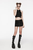 Black Patchwork Slim Fit Mesh Zippered Eyelet Women's Punk Cool Skirt