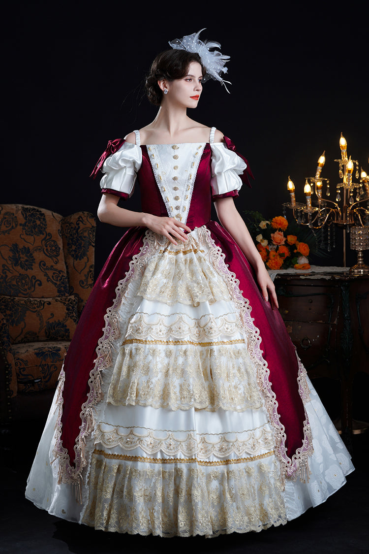 Red/Apricot Off Shoulder Short Sleeves Ruffle Cardigan Bowknot Lace Classic Princess Palace Lolita Victorian Dress