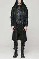 Black Crackled Mesh Hollow Stitching Hooded Mens Steampunk Coat