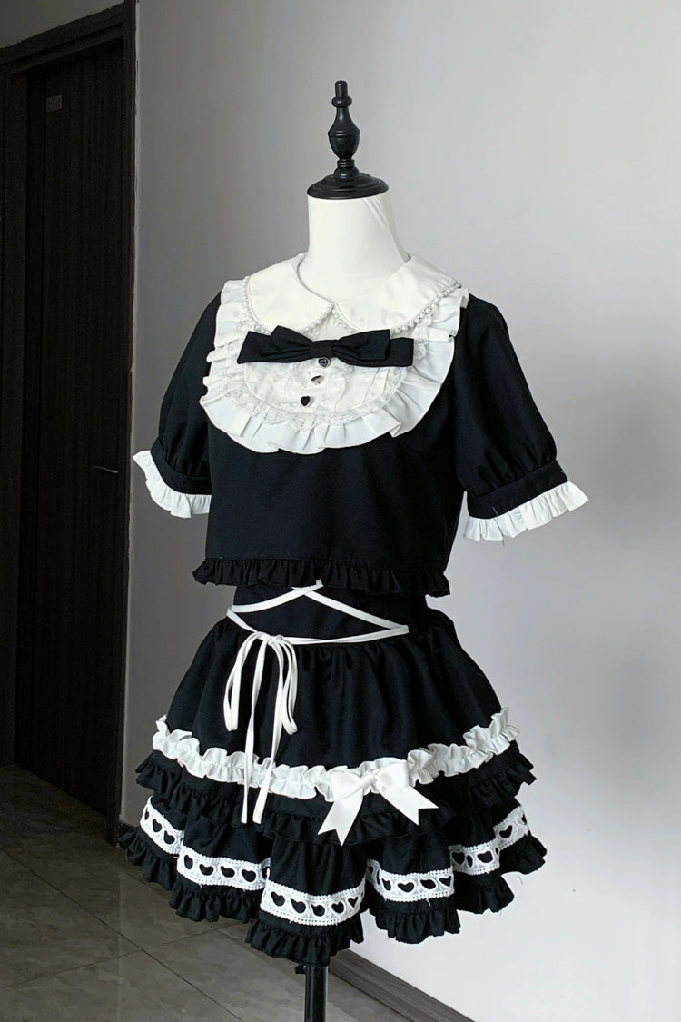 Black [Starry Tulle] Doll Collar Short Sleeves Double-Layered Ruffled Bow Gothic Jirai Kei Japanese Skirt Set