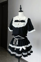 Black [Starry Tulle] Doll Collar Short Sleeves Double-Layered Ruffled Bow Gothic Jirai Kei Japanese Skirt Set
