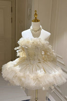 Apricot [Dream Confession] Sleeveless Multi-Layered Ruffled Hanayome Bow Lace Lace-Up Sweet Lolita Jsk Dress Short Version