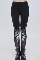 Black Gothic Stretch Knitted Fabric Spliced Mesh Devil Sheep Head Pattern Printing Women's Leggings