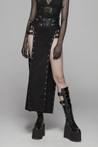 Black Metal Buckle PU Leather Buckle Lace-Up Sheer Women's Steampunk Long Skirt