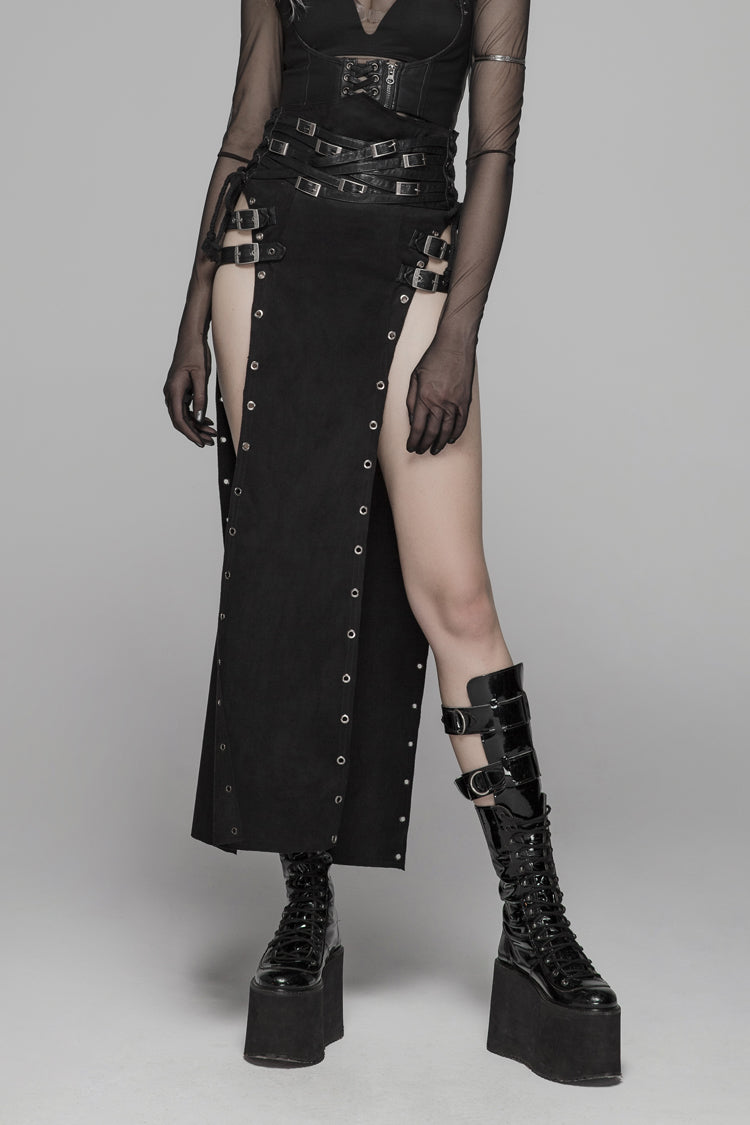 Black Metal Buckle PU Leather Buckle Lace-Up Sheer Women's Steampunk Long Skirt