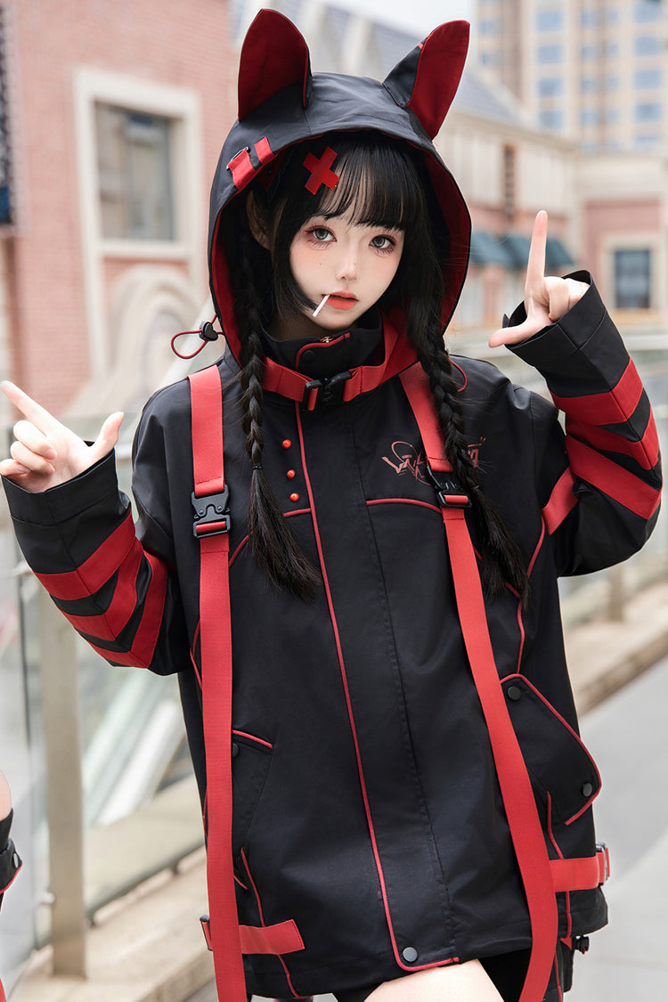 Black/Red Long Sleeves Print Cat Ears Hooded Jirai Kei Handsome Coat