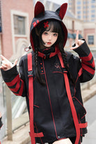 Black/Red Long Sleeves Print Cat Ears Hooded Jirai Kei Handsome Coat