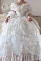 White Tana Manor Rose Flower Long Sleeves Ruffle Bowknot Elegant Sweet Princess Lolita Strapless Dress