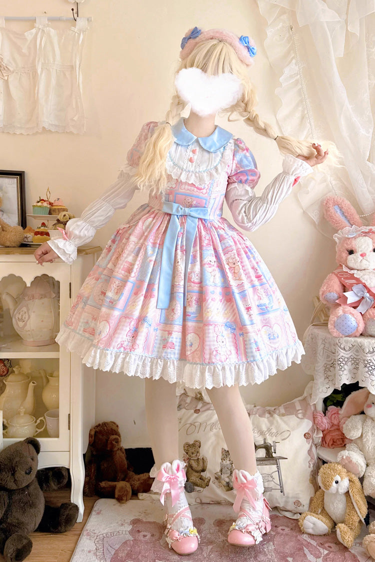 [Sweetheart Bunny Bear] Lapel Collar Long Sleeves Print Ruffle Bowknot Sweet Lolita Dress 3 Colors