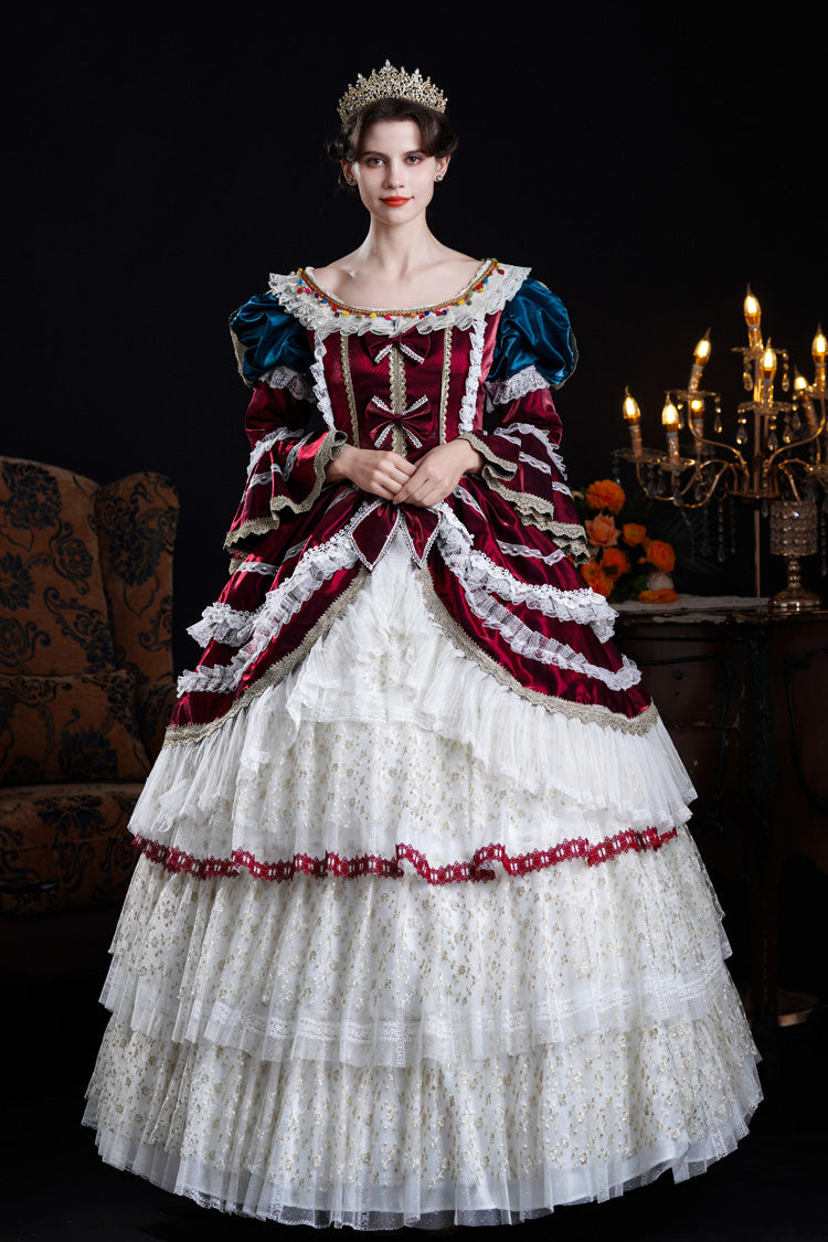 Wine/Ivory Round Collar Long Hime Sleeves Triple-Layered Ruffled Open-Front Bow Lace Classic Vintage Palace Lolita Victorian Dress