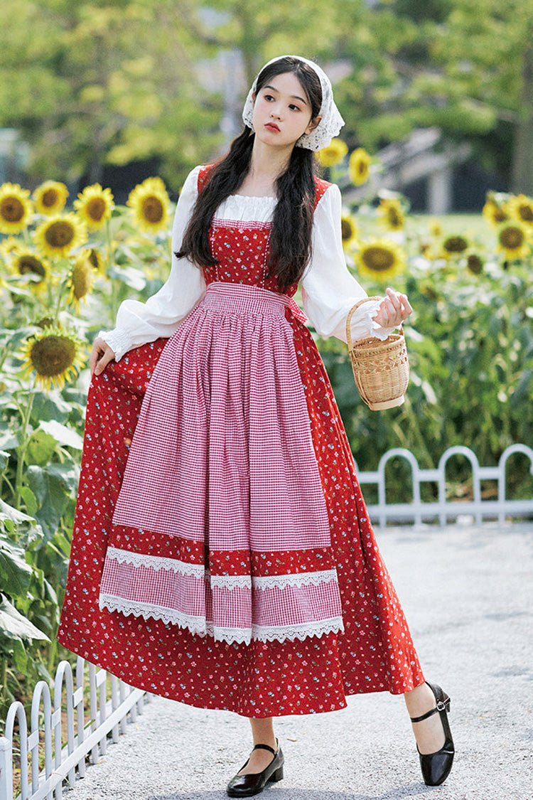 Red French Country Floral Shepherd Square Collar Long Sleeves Printed Ruffled Classic Vintage Lolita Dress