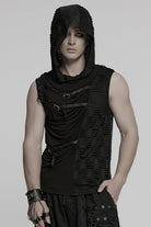 Black Sleeveless Hooded Ripped Ruched Men's Punk Vest