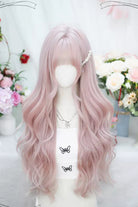 Pink Short Bangs Sweet Lolita Long Curly Wigs