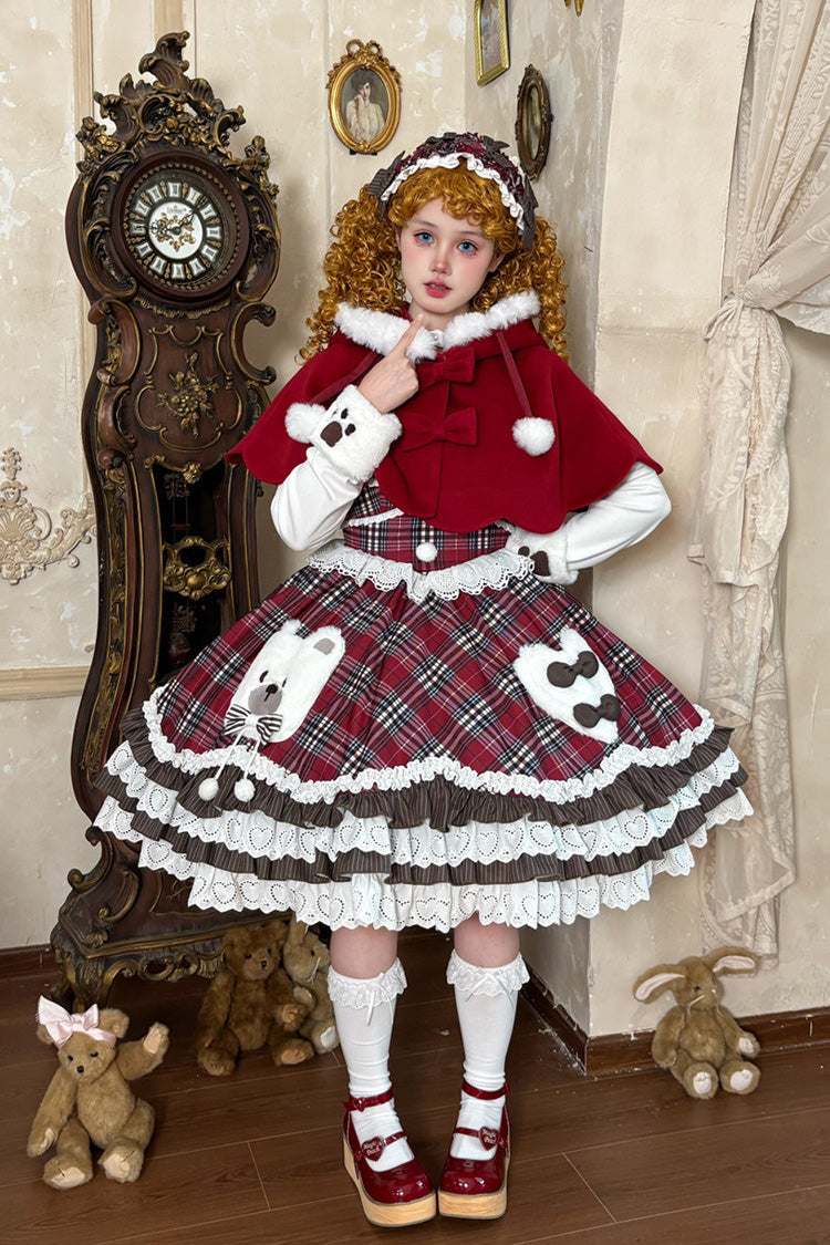 Red Long Sleeves Triple-Layered Printed Ruffled Bow Sweet Lolita Jsk Dress Set