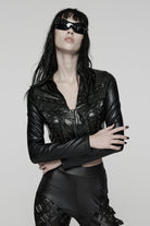 Black Stand Collar Long Sleeves Lace-Up Zipper Women's Punk Jacket