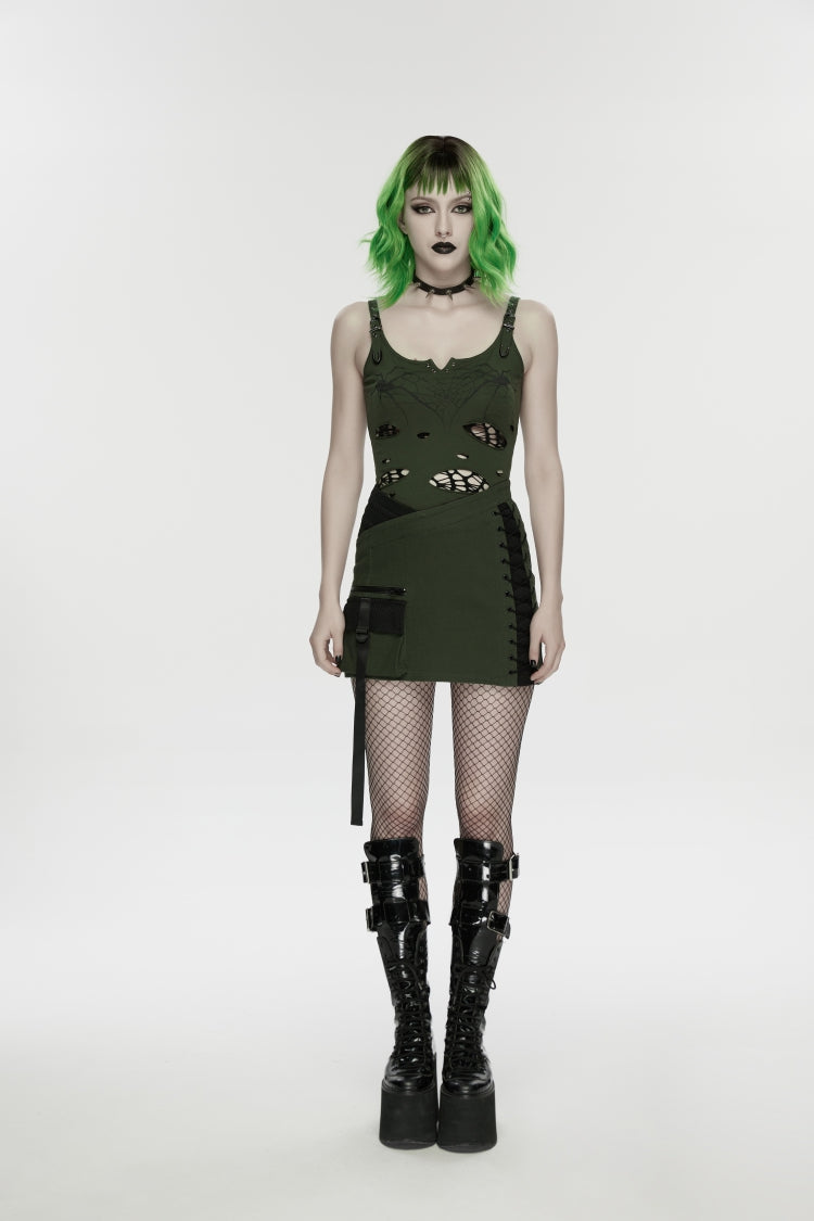 Black/Green Off Shoulder Slim Ripped Buckled Women's Punk Spiders&Web Printed  Vest